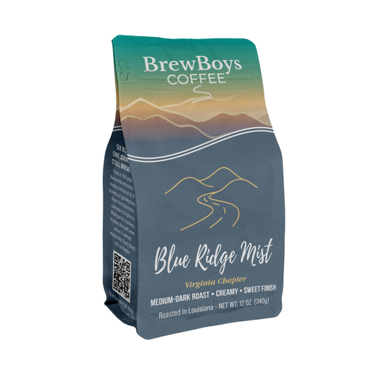Blue Ridge Mist medium-dark roast organic whole bean coffee bag, BrewBoys Coffee, blue bag with mountain illustration